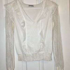 Express V-Neck Lace Longsleeve Light weight Floral Fringe Blouse Ladies XS